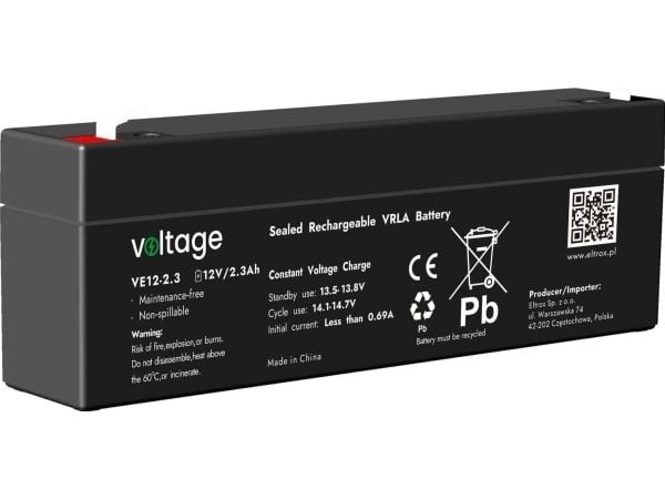 aGM 12V 2,3Ah VE12-2.3-batteri (levetid 6-9 år)
