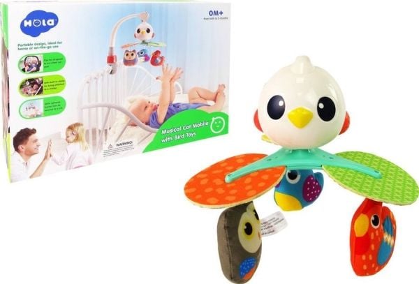 LeanToys karusell for babyer til barneseng og barnevogn – fargerike fugler, melodi