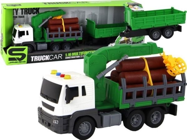 LeanToys lastebil med kran, henger, friksjonsdrift, lyder, grønn tre, 1:16