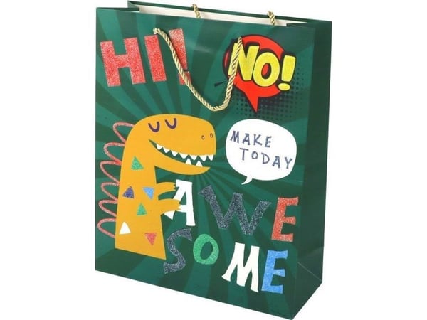 LeanToys gavepose i papir grønn dinosaur 41,5 cm x 30 cm x 12 cm