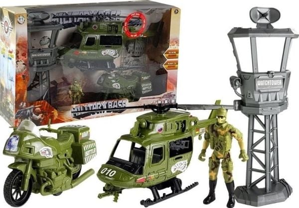 LeanToys militært helikoptersett: militær kjøretøy, stridsvogn, kontrolltårn og soldat