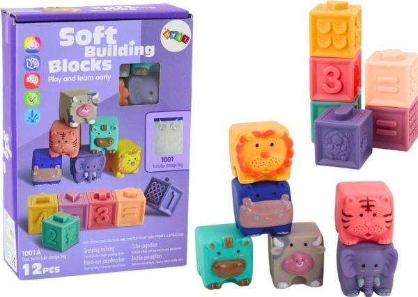 LeanToys miekkie klosser pedagogiske dyr tall bokstaver fargerike 12 stk