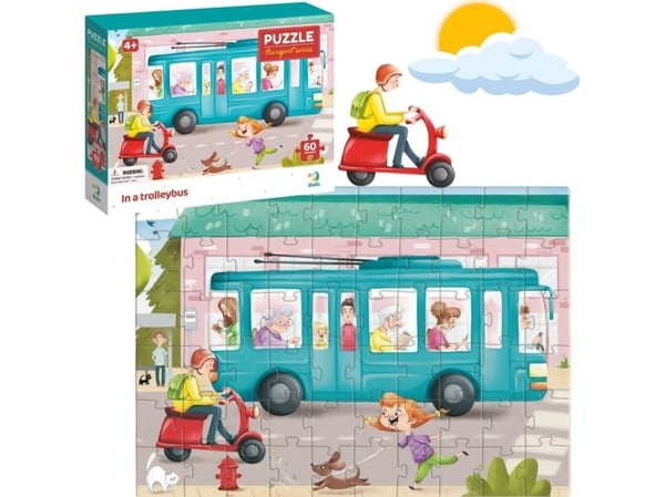 Dodo PUZZLE TRANSPORT "TROLLEJBUSS" gulv/tavleoppsett 60 deler for de minste