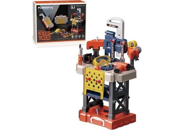 Jokomisiada DIY-sett 3-i-1 for barn 3+ bord + koffert med hjul + koffert med håndtak + skrujern/bor + 78 deler