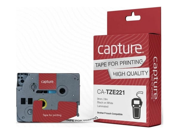Capture - Nylon - musta valkoisella - Rulla (0,9 cm x 8 m) 1 kasetti(t) ripustuslaatikko - laminoitu teippi (vaihtoehto tuotteelle: Brother TZE221)