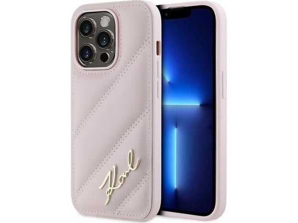 Karl Lagerfeld diagonalt quiltat Script-skal till iPhone 14 Pro - rosa