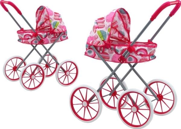LeanToys dukkevogn store hjul sammenleggbar rosa mønster