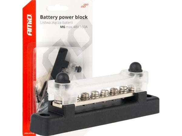 AMiO fordelingsblokk for minus/masse på skinne m6 12V - 48V 150A amio-03809