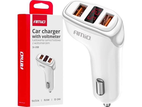 AMiO bil-lader 2x USB-A + voltmeter 3.1A, amio-03887