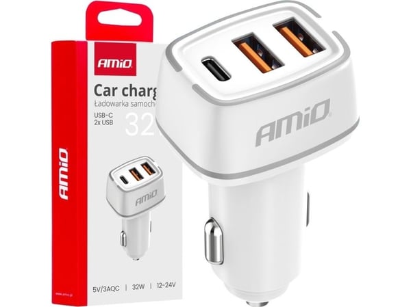 Bil-lader AMiO 2x USB-A + USB-C 32W (AMiO-03890)