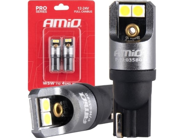 AMiO LED-pære full Canbus Pro T10 W5W 4x3030 SMD hvit 12V/24V (AMiO-03580)