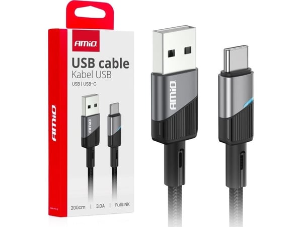 Ladelkabel til bil AMiO USB-A til USB-C 3A 200 cm fullink AMIO-03924