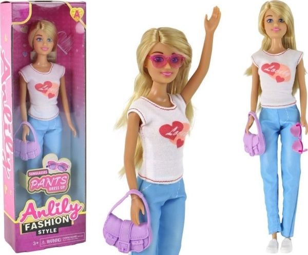 LeanToys dukke for barn Anlily, langt blondt hår, veske, briller, hvit bluse
