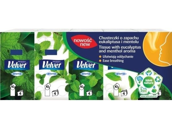 Velvet hygienservetter med eukalyptus & mentol, 4-lagers, 10x10 st, vita