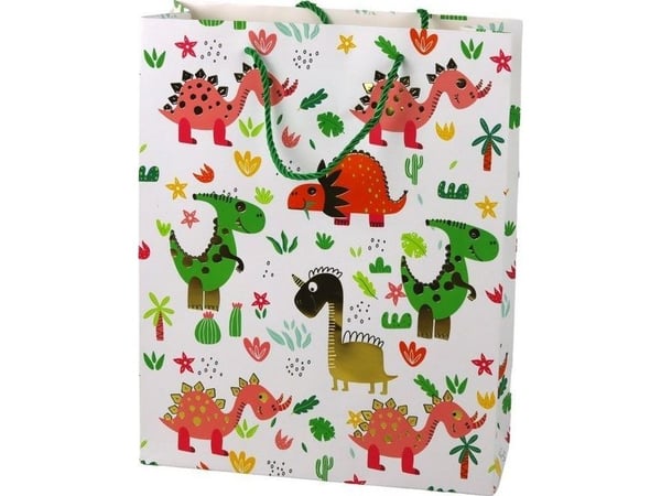 LeanToys gavepose i papir fargerike dinosaurer palmer 32 cm x 26 cm x 10 cm