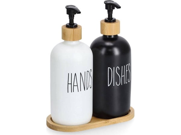 Såpedispenser Zeller sett dispenser for væske og såpe med bambusfot, 2 x 500 ml