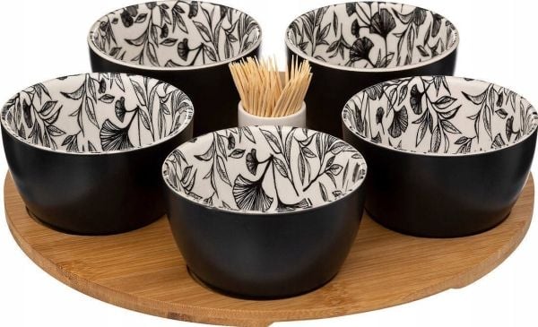 Secret de Gourmet skålar för snacks FLORAL, på träbricka, 5 skålar, 70 ml