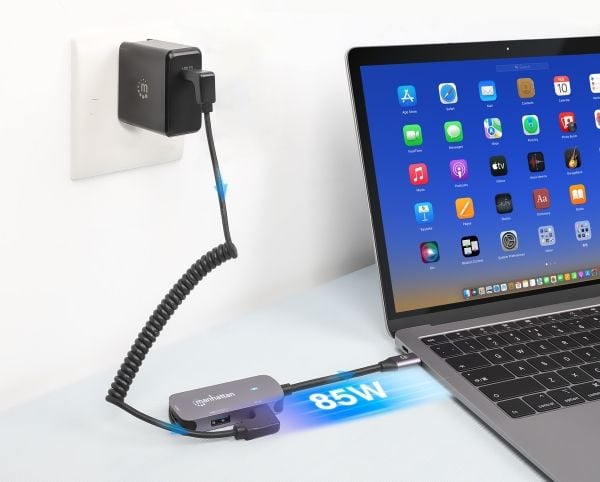 Manhattan 190299, Koblet med ledninger (ikke trådløs), USB 3.2 Gen 1 (3.1 Gen 1) Type-C, 100 W, Sølv, Aluminium, USB