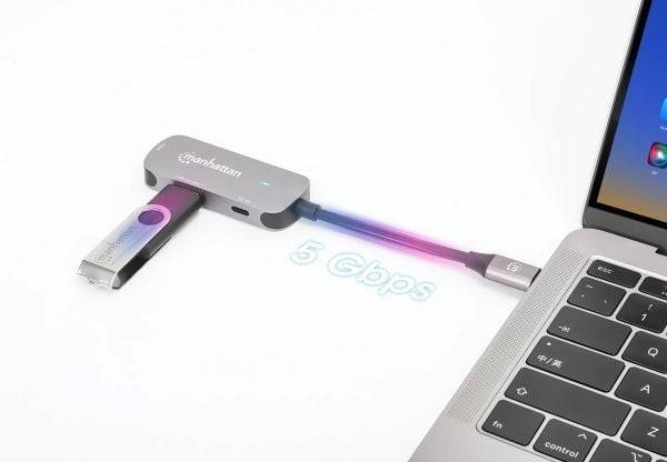 Manhattan 190299, Koblet med ledninger (ikke trådløs), USB 3.2 Gen 1 (3.1 Gen 1) Type-C, 100 W, Sølv, Aluminium, USB