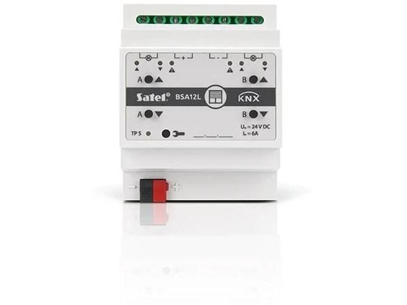 Satel KNX-BSA12L, Kaihtimen/ikkunaluukun käyttölaite, DIN-kiskokiinnitys, 8 kanavaa, IP20, Valkoinen, 0 - 45 °C