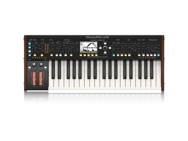 Behringer Deepmind 6, Analog synthesizer, Choruseffekt, Försening, Flanger / Digital Signal Processing (DSP), Phaser, Reverb, Svart, Vit, LCD, AC