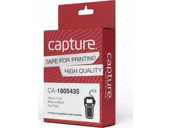 Capture - Vinyl - laminert - hvitt på svart - Rull (1,2 cm x 5,5 m) 1 kassett(er) hengeboks - merketape (alternativ for: DYMO 1805435)