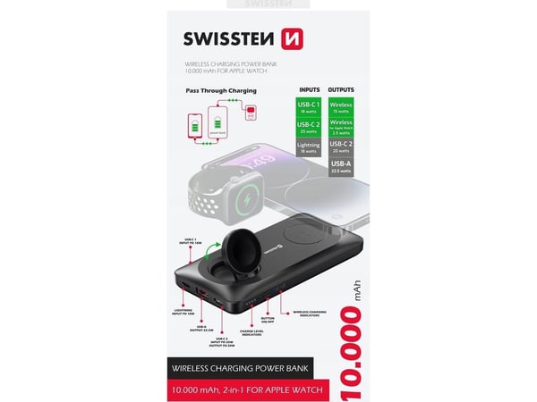 Swissten Wireless Power Bank Eksternt ladebatteri For Apple Watch og MagSafe-enhet 10000mAh Swissten Wireless Power Bank Eksternt ladebatteri For Apple Watch og MagSafe-enhet 10000mAh