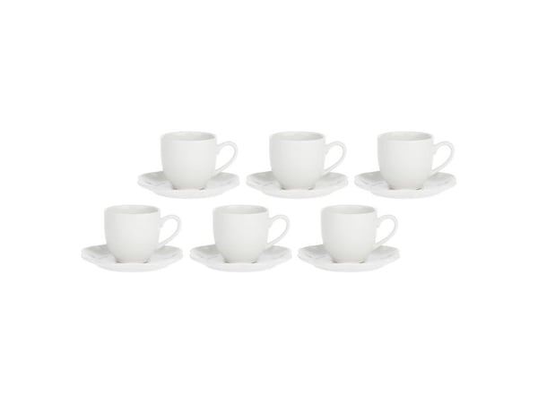 Hvit porselen 6 kopper med blomsterdesign og asjetter - hvit, 85 ml