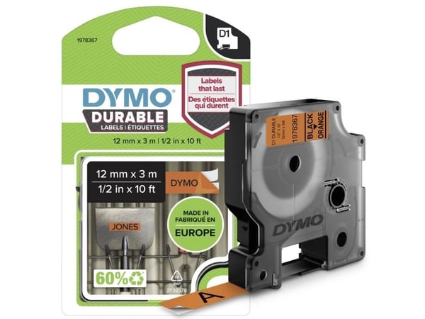 DYMO D1 - vinyylikestotarrat - musta oranssilla -12mm x 3m, Musta oranssilla, Monivärinen, Vinyyli, Belgia, -40 - 80 °C, DYMO