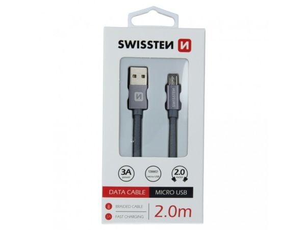 Swissten 71522302, 2 m, USB A, Micro-USB B, 0,48 Gbit/sek., Grå