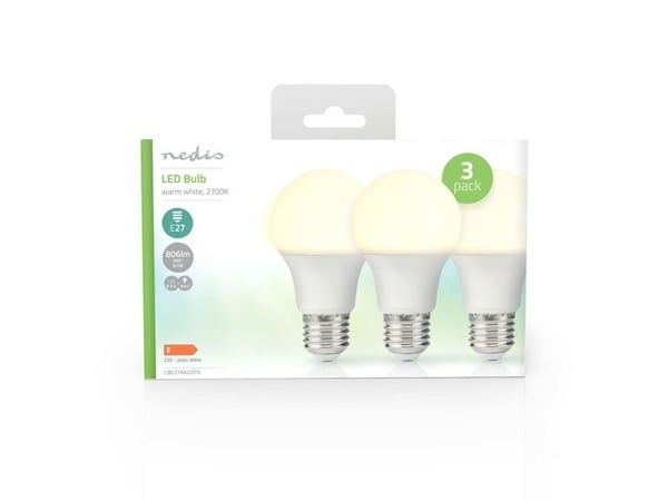 Nedis LBE27A602P3, 8,5 W, E27, 806 lm, 15000 timer, Varm hvit