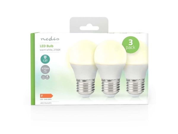 Nedis LBE27G452P3, 4,9 W, E27, 470 lm, 15000 timer, Varm hvit