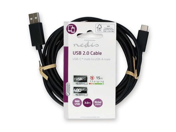 Nedis CCGL60600BK30, 3 m, USB A, USB C, USB 2.0, 0,48 Gbit/sek., Lajittelu