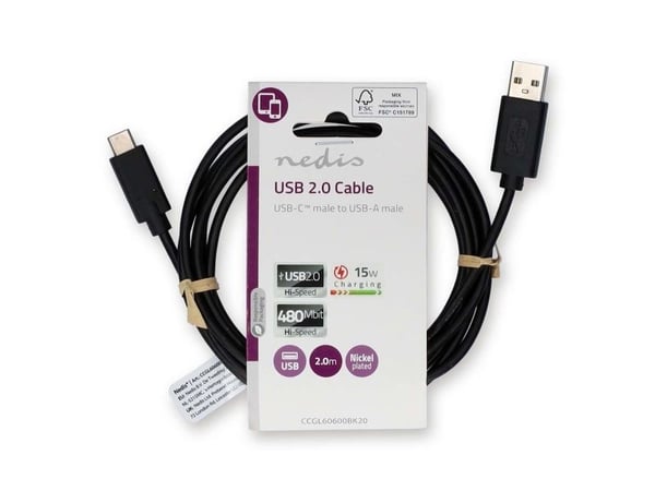 Nedis CCGL60600BK20, 2 m, USB A, USB C, USB 2.0, 0,48 Gbit/sek., Lajittelu