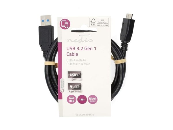 Nedis CCGL61500BK10, 1 m, USB A, Micro-USB B, USB 3.2 Gen 1 (3.1 Gen 1), 5 Gbit/s, Sort