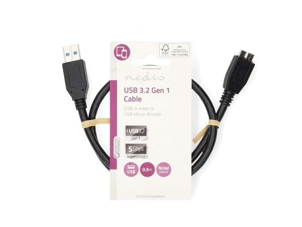 Nedis CCGL61500BK05, 0,5 m, USB A, Micro-USB B, USB 3.2 Gen 1 (3.1 Gen 1), 5 Gbit/s, Sort