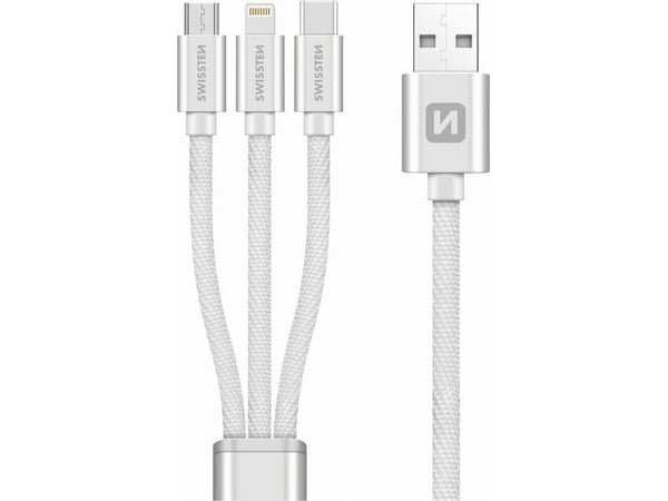 Swissten Textile 3-in-1 Cable 1.2m, 1,2 m, USB A, USB C/micro-USB B/Lightning, Silver