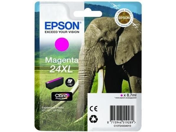 Epson Elephant Singlepack Magenta 24XL Claria Photo HD Ink, Magenta, Väriainepohjainen muste, 1 kpl