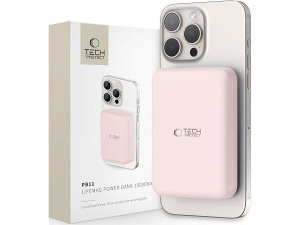 Powerbank Tech-Protect LifeMag PB11 med MagSafe 10000mAh 15W USB-C-port - rosa + USB-C-kabel Powerbank Tech-Protect LifeMag PB11 med MagSafe 10000mAh 15W USB-C-port - rosa + USB-C-kabel