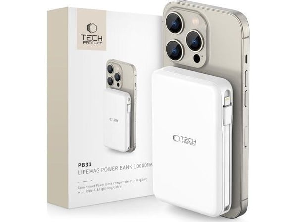 Powerbank Tech-Protect LifeMag PB31 MagSafe 10000mAh 15W USB-C / USB-A / sisäänrakennettu USB-C / Lightning-kaapeli - valkoinen