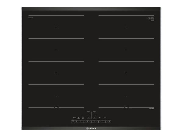 Bosch Serie | 6 PXX675FC1E - Induksjonskomfyrtopp - 4 plater - Nisje - bredde: 56 cm - dybde: 49 cm - med pynt av rustfritt stål - svart