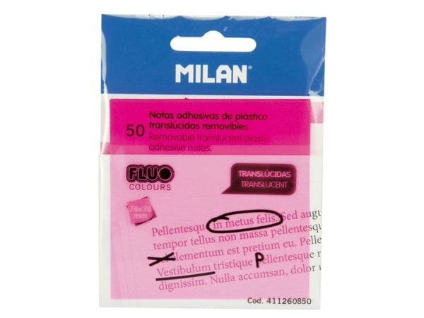 Milan 411260850, Neliö, Vaaleanpunainen, Läpinäkyvä, Muovi, 76 mm, 76 mm, 50 arkkia