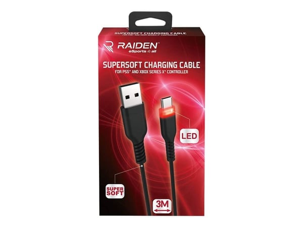 Raiden - USB-kabel - USB (hane) till USB-C (hane) röd LED-bakgrundsbelysning - 3 m - för Sony DualSense
