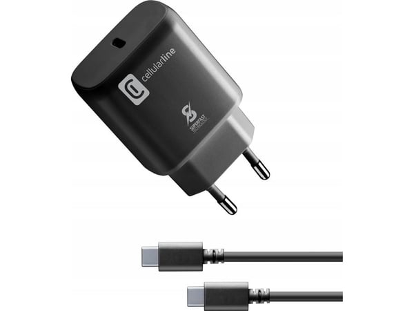 Cellularline - Strømadapter - 25 watt - AFC, SFC, PD (USB-C) - på kabel: USB-C - svart