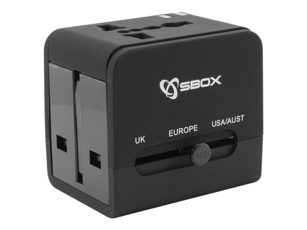SBOX TA-23 - Strømadapter - 3 utgangskontakter (2 x USB, strøm) - svart