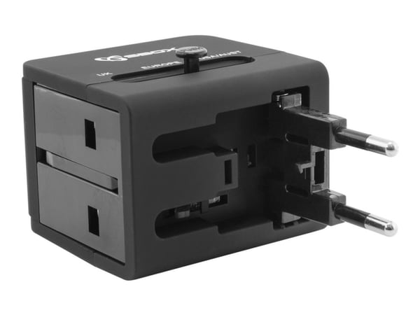 SBOX TA-23 - Strømadapter - 3 utgangskontakter (2 x USB, strøm) - svart