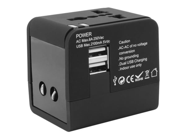 SBOX TA-23 - Strømadapter - 3 utgangskontakter (2 x USB, strøm) - svart