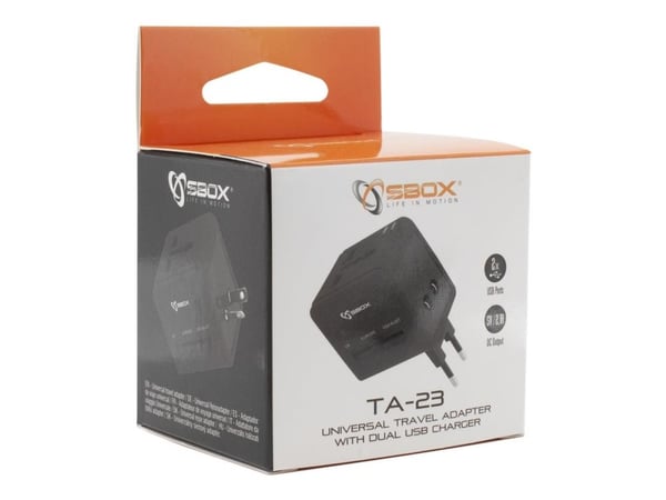 SBOX TA-23 - Strømadapter - 3 utgangskontakter (2 x USB, strøm) - svart