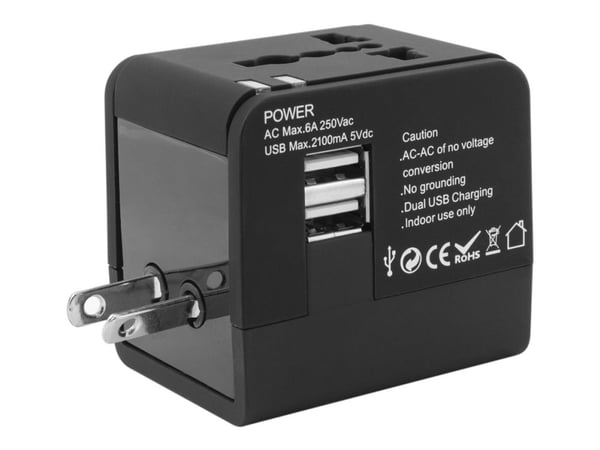 SBOX TA-23 - Strømadapter - 3 utgangskontakter (2 x USB, strøm) - svart