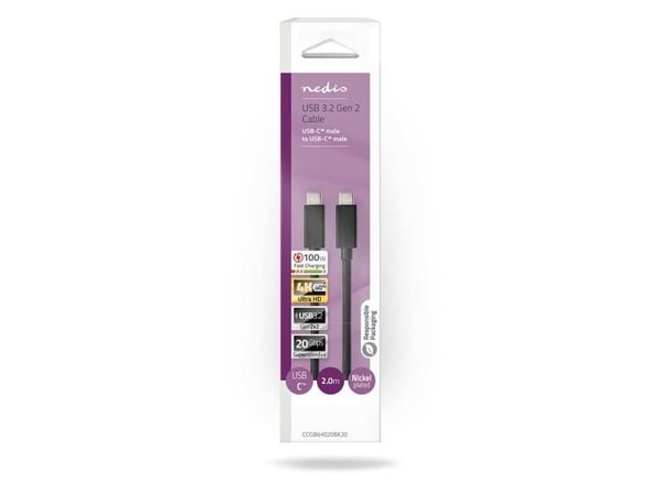 Nedis CCGB64020BK20, 2 m, USB C, USB C, USB 3.2 Gen 2 (3.1 Gen 2), 20 Gbit/s, Sort
